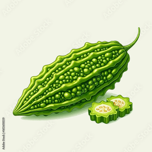 Vibrant green bitter melon, realistically illustrated, in a whole and sliced presentation, isolated against a plain background.  The fruit's textured surface and seeds are clearly depicted.