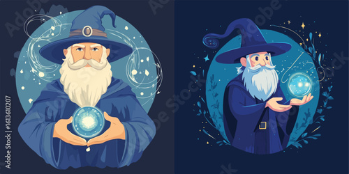 Wise Old Wizard with Magic Orb and Long White Beard Vector Illustration Set for Fantasy Games and Books Designs