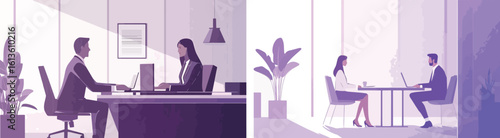 Business meeting and discussion in office vector illustration coworkers colleagues talking about project strategy planning brainstorming teamwork concept