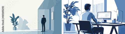 Businessman looking out the window and businessman working on the computer vector illustration concept for business work office home office lifestyle and