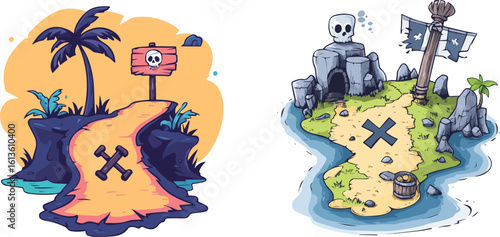 Tropical Pirate Island Path and Treasure Island Map with Skull Cave and Flag Vector Illustration Set
