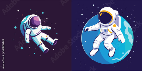 Astronaut floating in space with stars and planet earth, vector illustration for space exploration and science fiction themes suitable for t-shirt designs