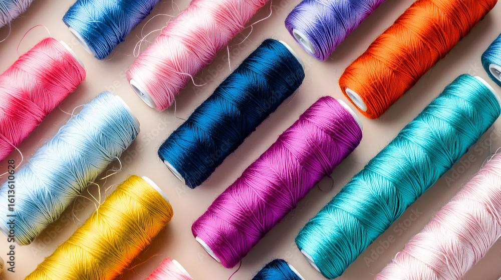 Fototapeta premium Colorful spools of thread arranged in a geometric pattern on a light beige background. Threads in various shades of pink, orange, purple, blue, teal, and yellow