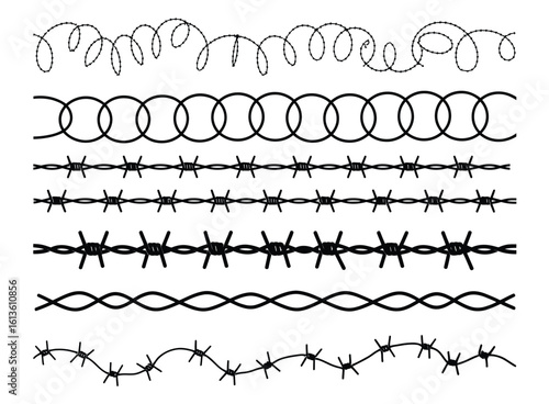 WebVector art of various line art borders and dividers, including barbed wire and chains, create decorative elements isolated on white background