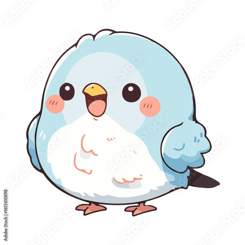 Cartoon-style chubby blue bird with red cheeks