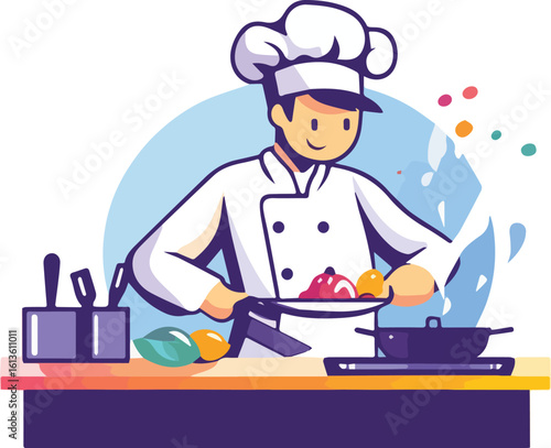 Chef preparing food in a kitchen vector illustration for restaurant menu or food blog website banner poster social media post or advertisement design