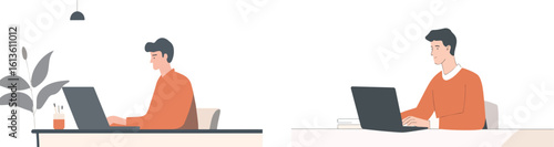 Two men working on laptops at their desks vector illustration isolated on white background ideal for websites blogs and social media posts