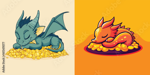 Cute Baby Dragons Sleeping Peacefully on Piles of Gold Coins Vector Illustration Set Ideal for Children's Books Fantasy Games and Merchandise