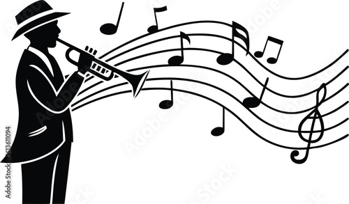 Silhouette of a stylish man in a fedora hat playing a trumpet with flowing musical notes and staves creating a dynamic and artistic representation of jazz music