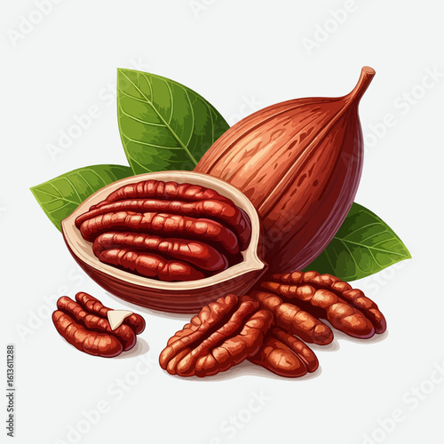 Vibrant graphic design of a pecan nut, a half-pecan with kernels, and several shelled pecan pieces displayed on a white background.