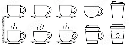 WebVector art of line art illustrations of various coffee cups and mugs, including takeaway options, depict different beverage styles isolated on white background