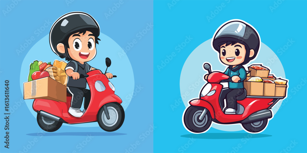 Naklejka premium Online Food and Grocery Delivery Service by Scooter with Courier Cartoon Character Vector Illustration Set for Delivery App, Website, or Advertisement