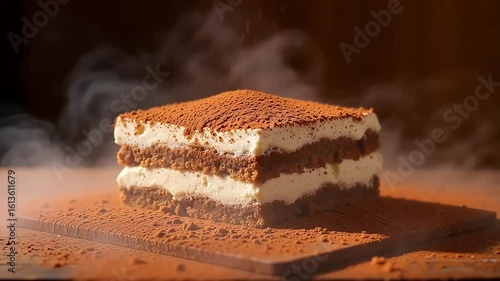 Decadent tiramisu cake gets a dusting of cocoa in slow motion for food bloggers and dessert lovers