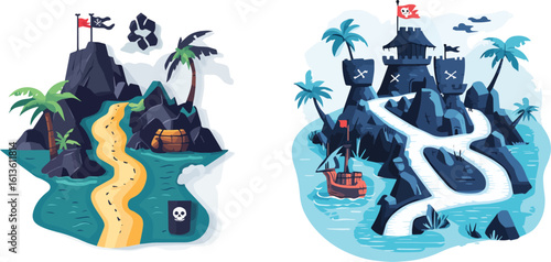Tropical Pirate Island with Treasure Chest and Dark Castle Vector Illustration Set