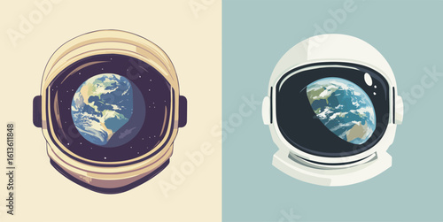 Astronaut Helmet with Earth Reflection Space Exploration Vector Illustration in Two Color Schemes