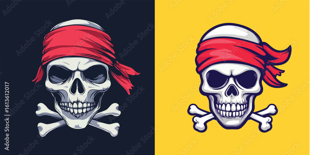 Fototapeta premium Pirate Skull with Red Bandana and Crossbones Vector Illustration Set on Dark and Yellow Backgrounds for Apparel or Merchandise Design