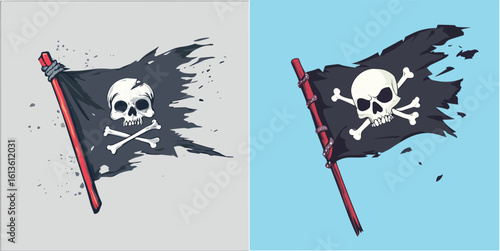 Pirate Flag with Skull and Crossbones Vector Illustration on Gray and Blue Backgrounds
