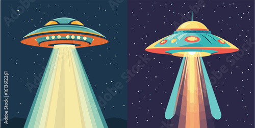 UFO Spaceship Flying in Night Sky with Bright Searchlight Beam Vector Illustration Set for Science Fiction Poster or Game Design Element