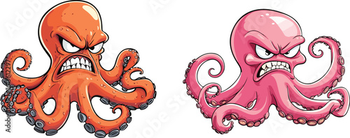 Angry Cartoon Octopus Vector Illustration Mascot Set