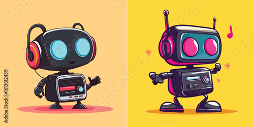 Cute Robot Listening to Music and Dancing Robot Vector Illustration Set Ideal for Technology Music and Entertainment Concepts