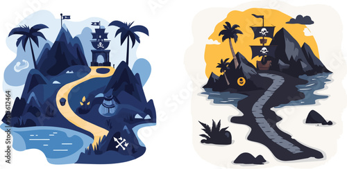 Pirate Island Landscape with Shipwreck and Treasure Map Vector Illustration Set