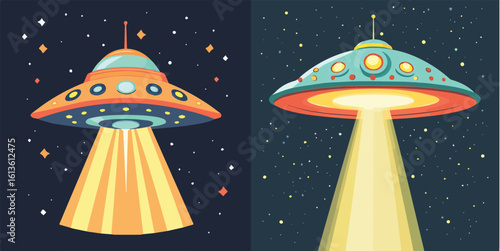 Two colorful UFOs flying in dark space with bright beams vector illustration for alien invasion and science fiction concepts