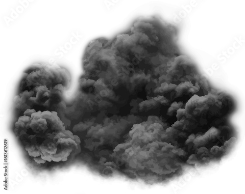Dramatic illustration of a thick black smoke plume from a fire or explosion isolated on a white background for design elements