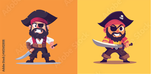 Angry and Happy Pirate with Sword Vector Illustration Set on Different Backgrounds, Ideal for Gaming, Children Book, or Educational Purpose Design