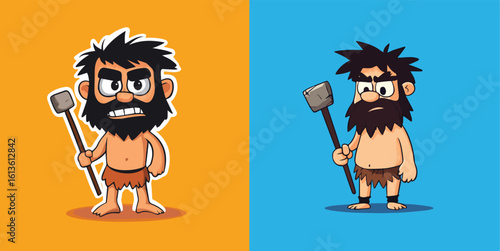 Angry Caveman Cartoon Character Holding a Club Vector Illustration on Orange and Blue Backgrounds