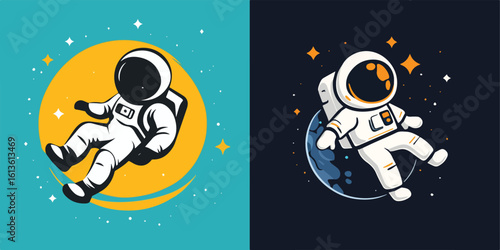 Astronaut floating in space with stars and planets vector illustration set perfect for space exploration science fiction and futuristic designs