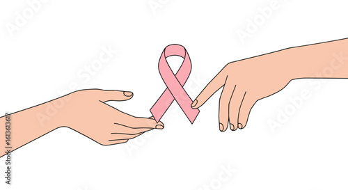 Two hands exchanging a pink ribbon for breast cancer awareness  