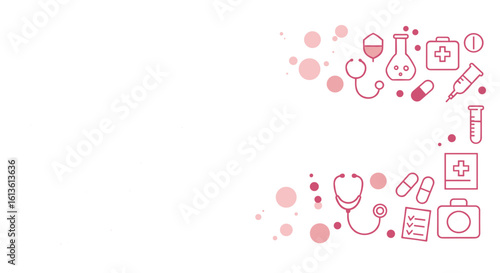 Medical icons and symbols in pink colors on transparent background  