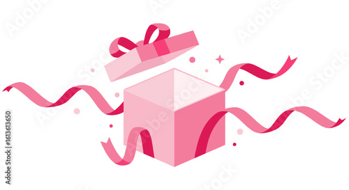 Open pink gift box with ribbon and sparkles in flat design  