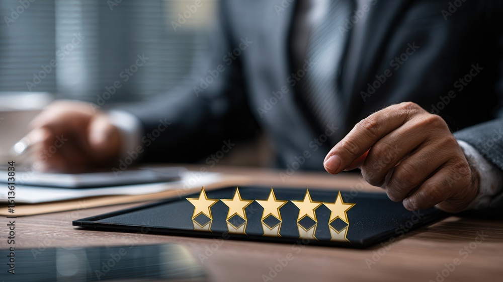 Fototapeta premium High quality photo of user giving 5 star for a good service or product. Review from a businessman, rating the level of satisfaction and general result in management, business or.