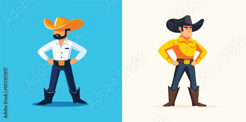 Two cowboys western characters in cartoon style vector illustration isolated on background concept for print web design banner poster sticker card and
