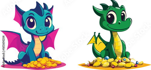 Two Cute Cartoon Dragons Guarding their Treasure Piles of Gold Coins and Jewels Vector Illustration Isolated on White Background