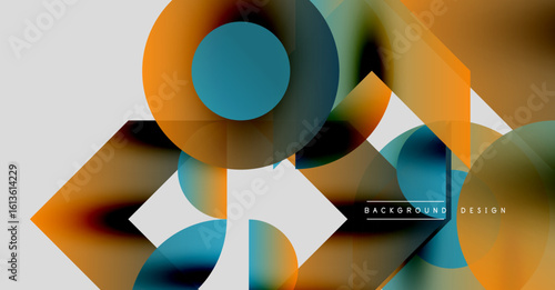 Abstract geometric shapes overlap, creating vibrant color gradients. Modern design features fluid forms, orange, teal hues.