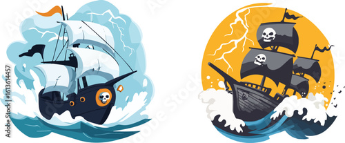 Pirate Ship Sailing in Stormy Seas and Lightning Vector Illustration Set
