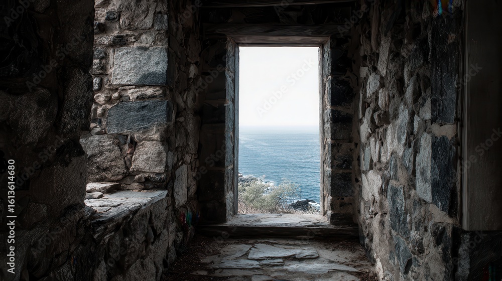 Obraz premium High quality photo of view of ocean through window of stone building.