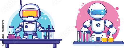 Cute Robot Doing Chemical Experiment in Laboratory with Test Tubes and Beakers Vector Illustration Set Isolated on Background