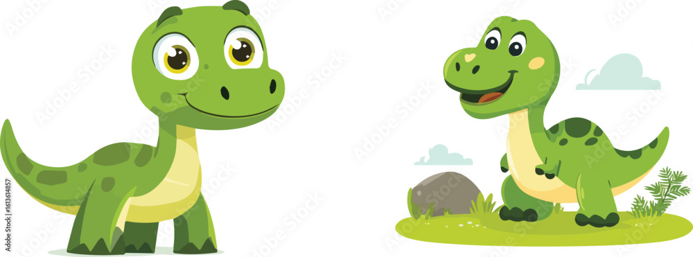 Fototapeta premium Cute Green Dinosaur Cartoon Characters Vector Illustration Set Isolated On White Background For Kids Fashion Design Prints Textile Products Stickers