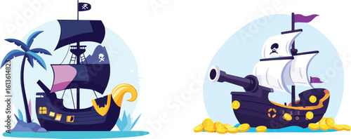 Pirate Ships with Treasure and Island Scenery Vector Illustration Set