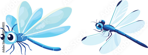 Two blue dragonflies vector illustrations isolated on a white background one with big eyes and spread wings and the other flying with translucent wings