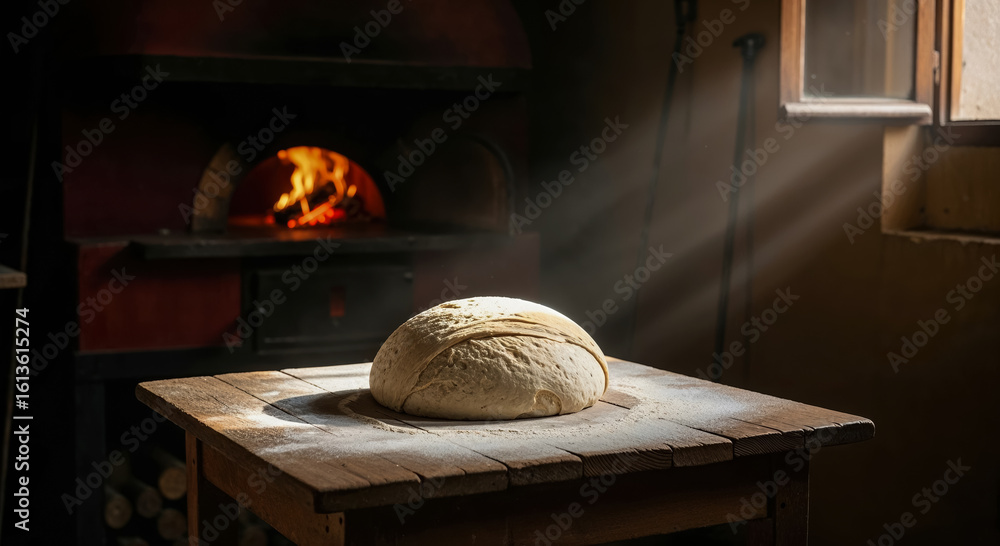 Formed dough into round loaf resting on table before baking in wood fired oven, early morning in traditional village bakery, aroma of fresh bread, local traditional business Formed dough into round loaf resting on table before baking in wood fired oven, early morning in traditional village bakery, aroma of fresh bread, local traditional business