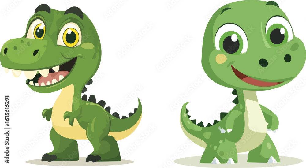 Fototapeta premium Two cute baby dinosaur characters one with teeth showing and one without teeth vector illustration isolated on white background concept for print web