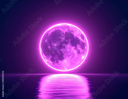 Glowing purple full moon reflected in calm water