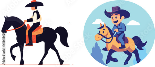 Cowboy Riding Horse Vector Illustration Set Isolated on White Background and Blue Circle Background