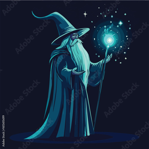 Powerful fantasy wizard with magic staff and glowing orb conjuring spell in dark night vector illustration for game or book cover design