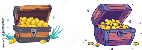 Open and closed wooden treasure chest filled with gold coins vector illustration isolated on white background for game user interface design web design