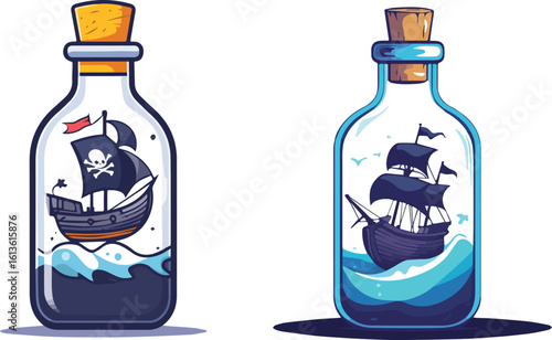 Pirate Ship in a Bottle Vector Illustration Set with Skull and Crossbones Flag, Perfect for Nautical or Adventure Themed Designs